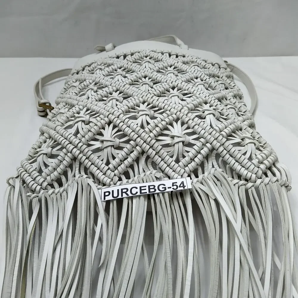 Tory Burch White Leather Woven Braided Macramé Fringe Limited Ed Crossbody Bag